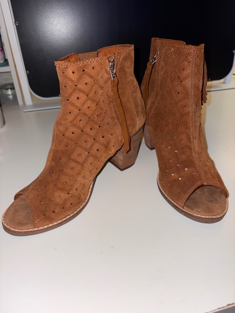Toms Tan Suede Open-Toe Perforated Ankle Booties